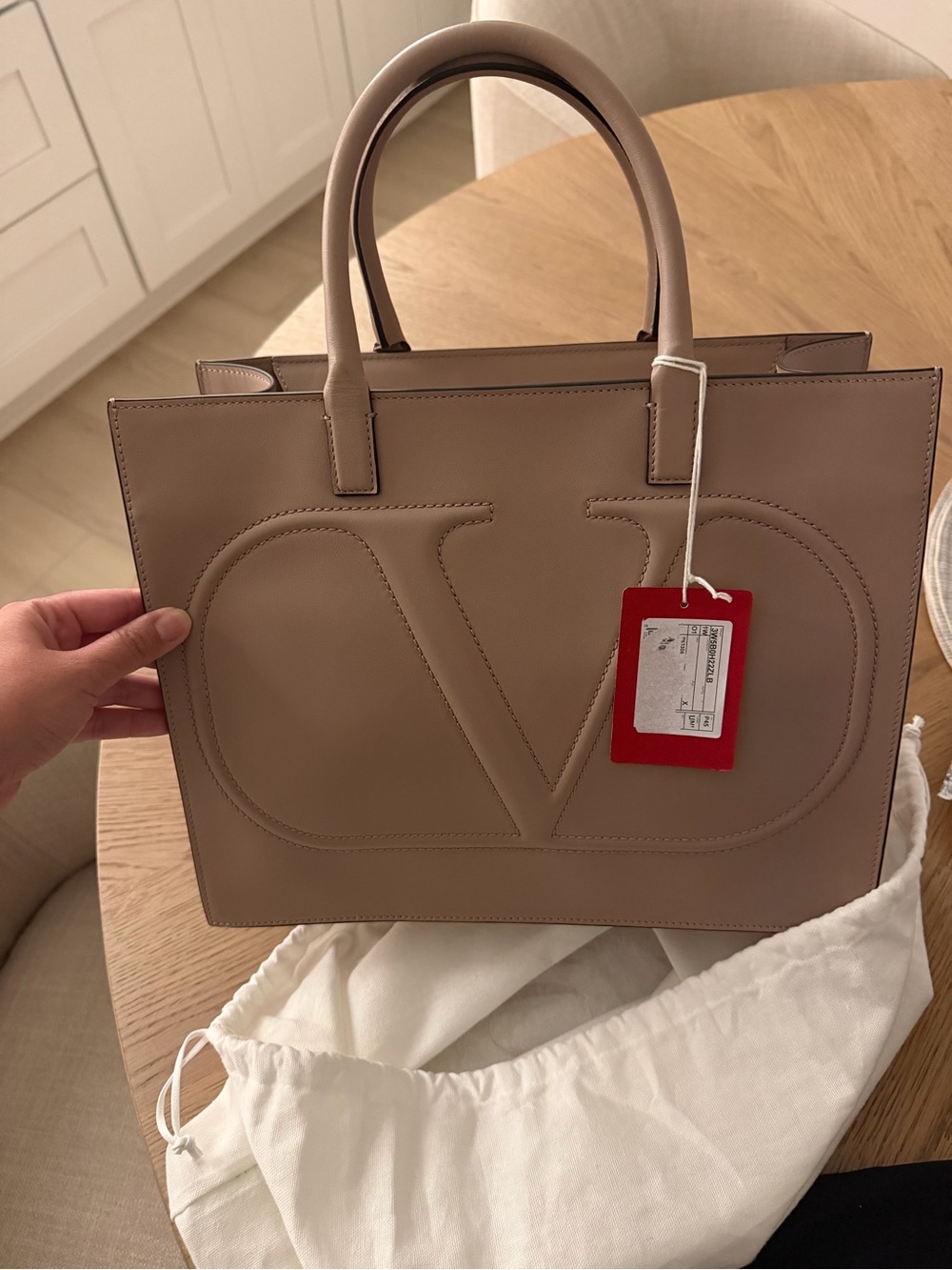 Valentino Garavani Taupe VLogo Leather Tote with Red Tag